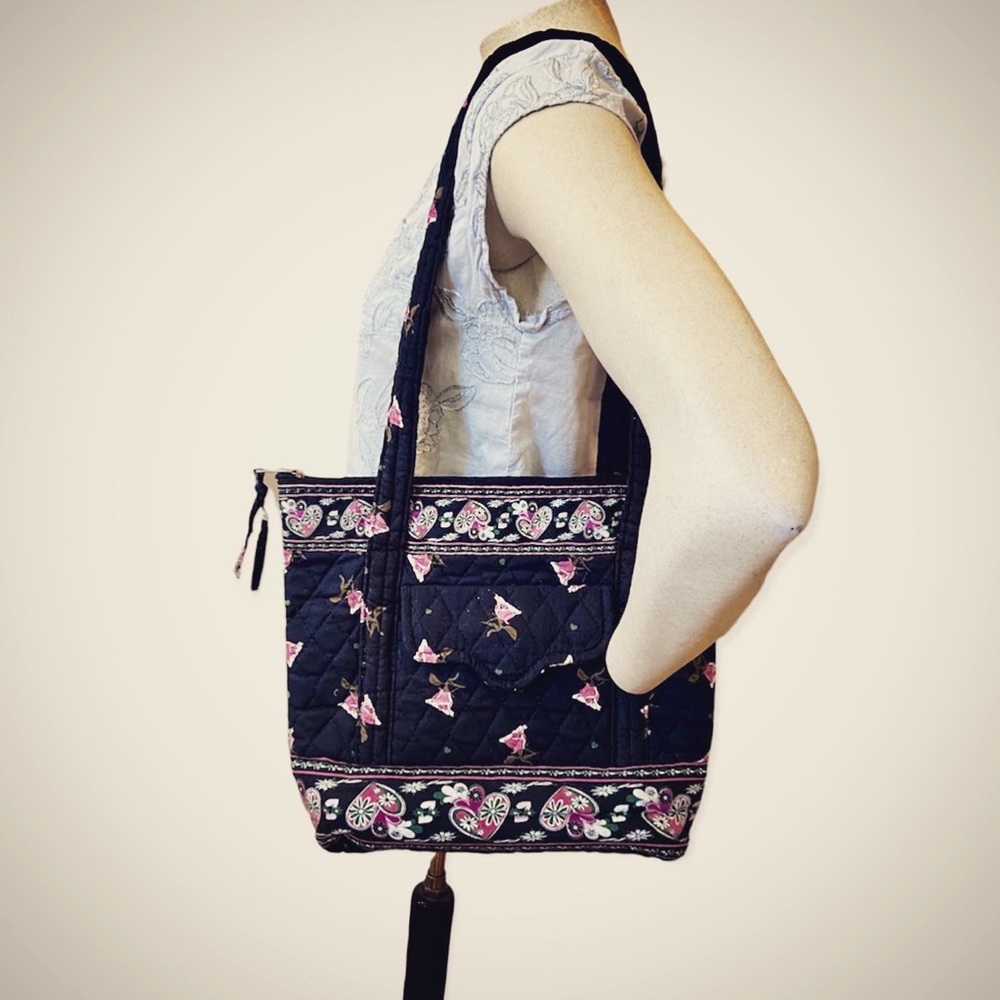 Black quilted cotton fabric floral tapestry tote bag purse